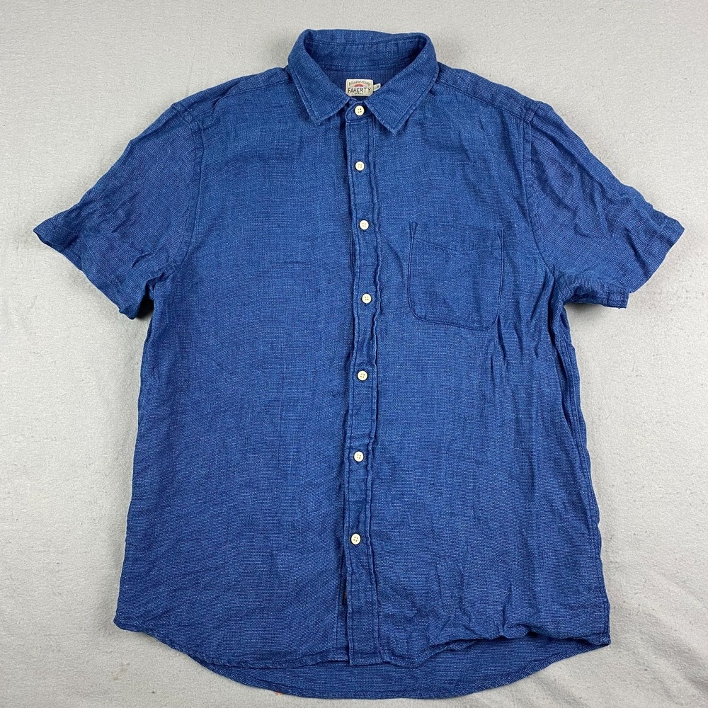 Faherty Mens shirt Large Blue 100% Linen short Sleeve Button Down Casual